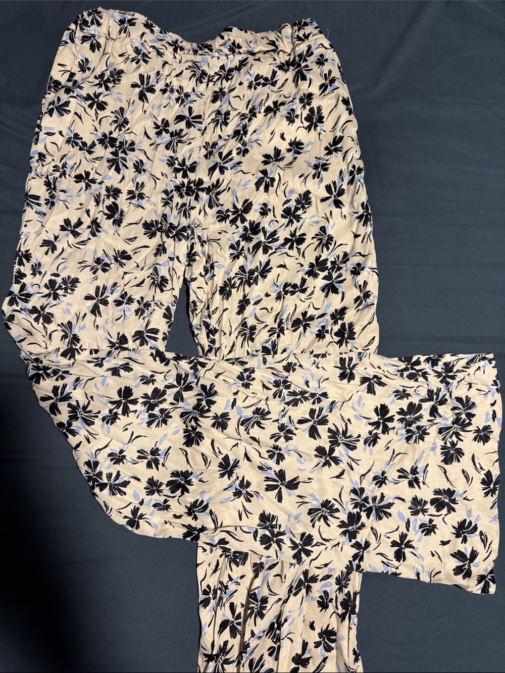 Zara Beige Wide-Leg Pants with Black & Light Blue Floral Print